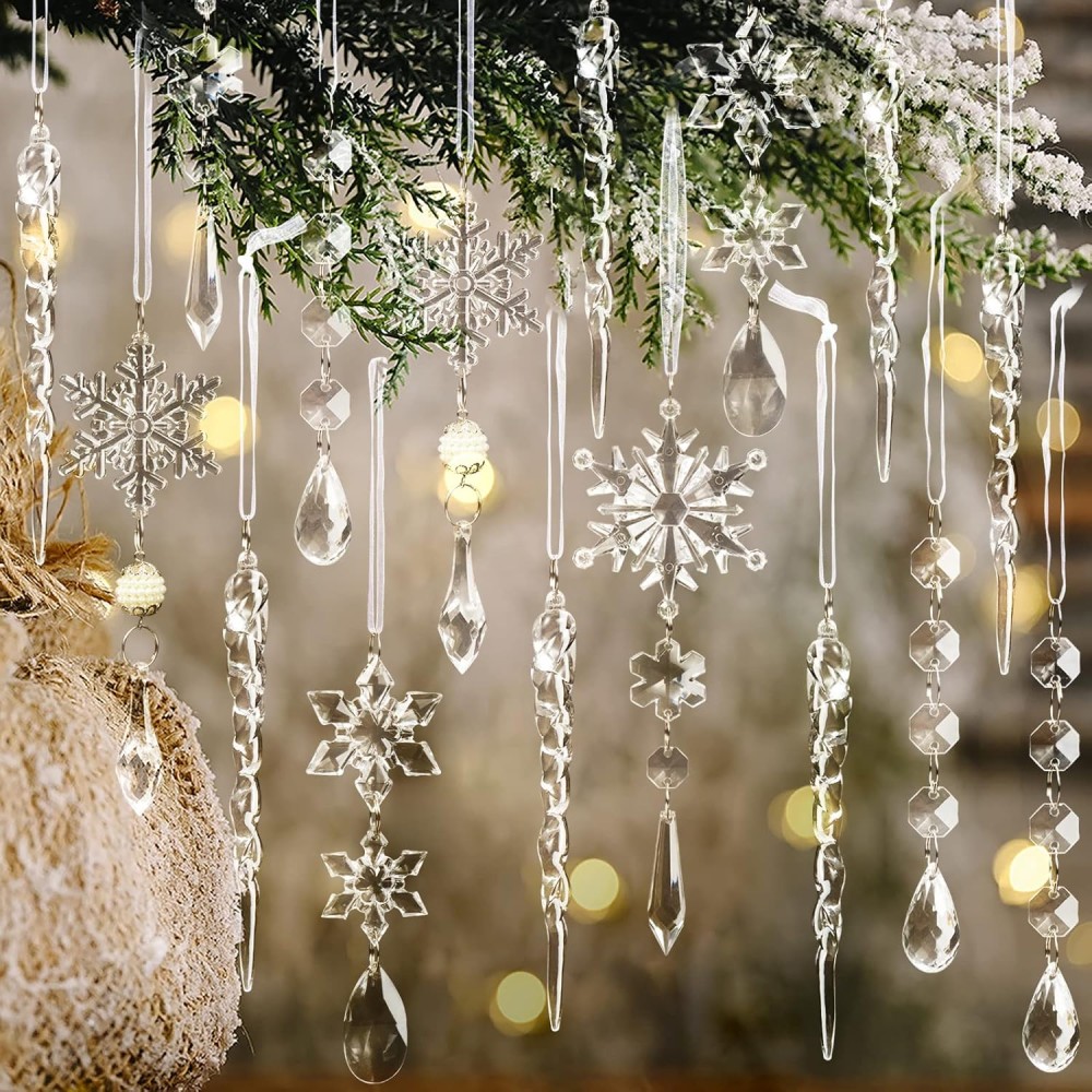 OuMuaMua Crystal Christmas Ornaments – Snowflake & Icicle Set for Winter Decor