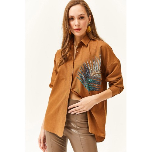 Olalook Women's Palm Sequin Oversized Poplin Shirt – Casual & Chic