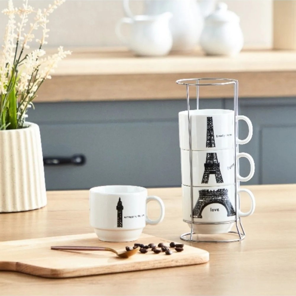 Home Box Neo Eiffel Tower Ceramic Mug Set with Stand – 5-Piece