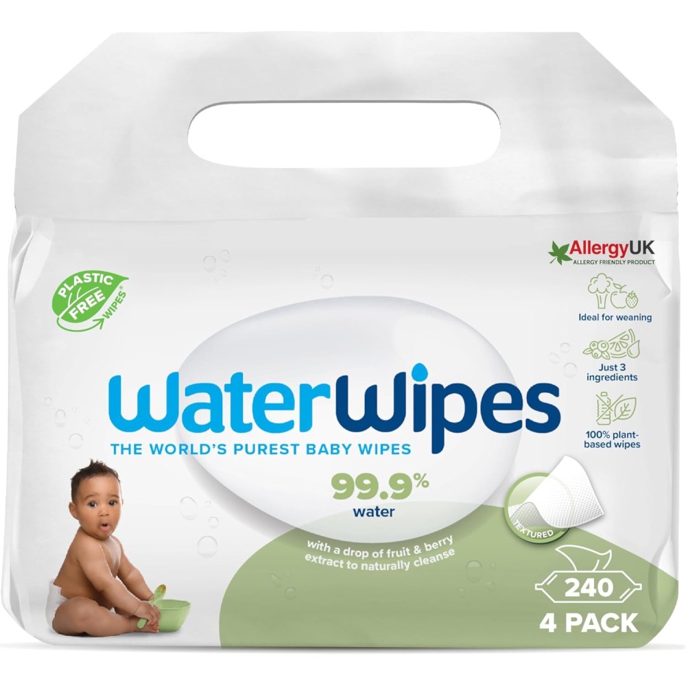 WaterWipes Plastic Free Textured Clean Baby & Toddler Wipes, 240 Count (4 Packs), 99.9% Water Based