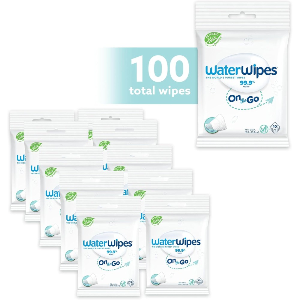 WaterWipes Plastic-Free On the Go Wipes, 100 Wet Wipes Bundle, 99.9% Water, Unscented