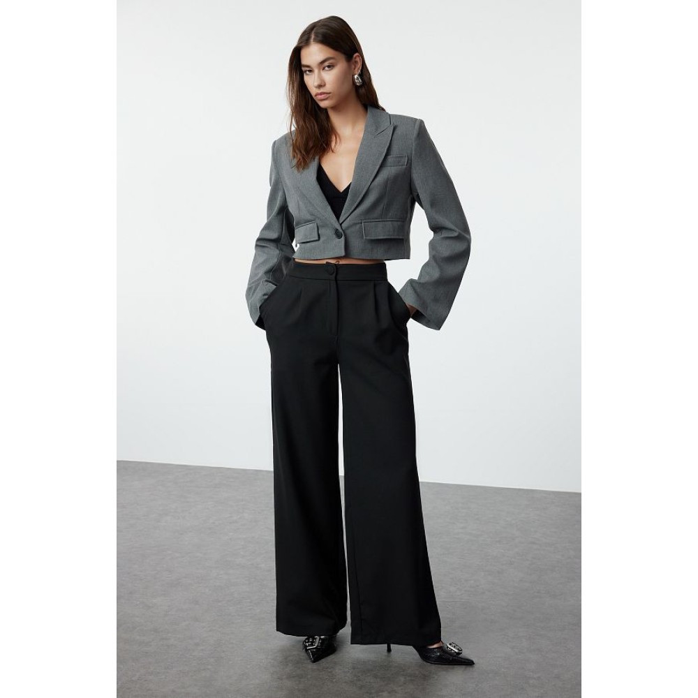 Trendyol Collection Wide Leg Pleated Trousers – High Waist Black Woven Fabric