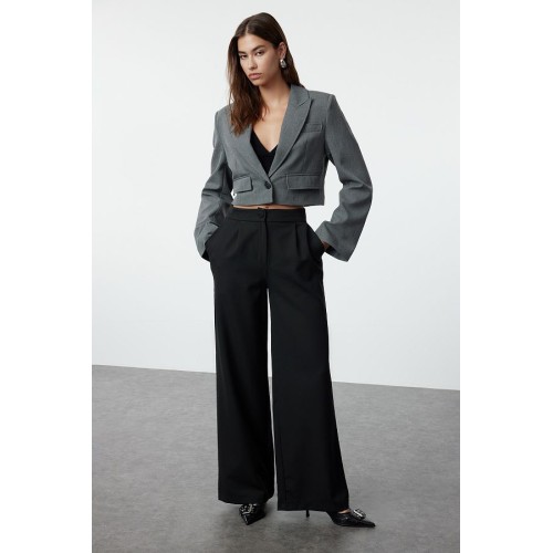 Trendyol Collection Wide Leg Pleated Trousers – High Waist Black Woven Fabric