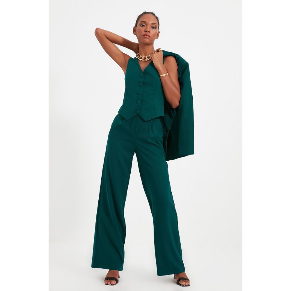 Green Wide Leg Pleated Trousers – High Waist Woven Fabric