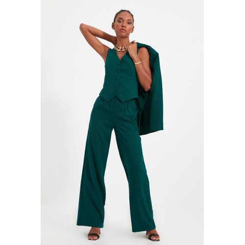 Trendyol Collection Green Wide Leg Pleated Trousers – High Waist Woven Fabric