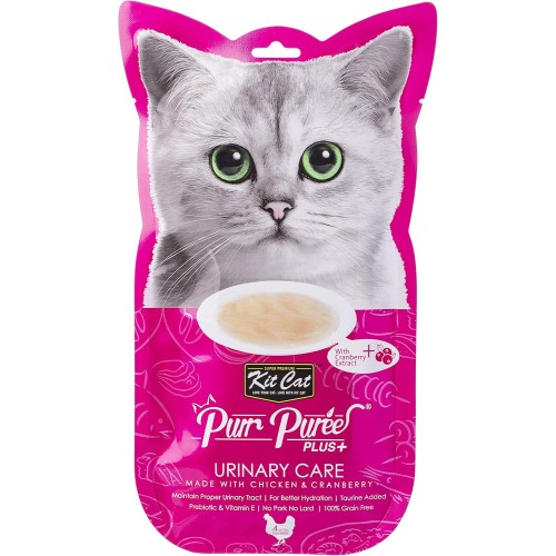 Kit Cat Puree Plus Urinary Care Chicken & Cranberry Cat Treat | Grain-Free Hydrating Snack 4x15g