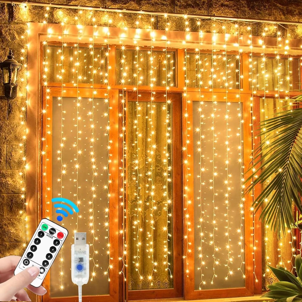 Pomefar 200LED Christmas Hanging Lights, 6.5x6.6ft Warm White Waterproof Curtain Lights