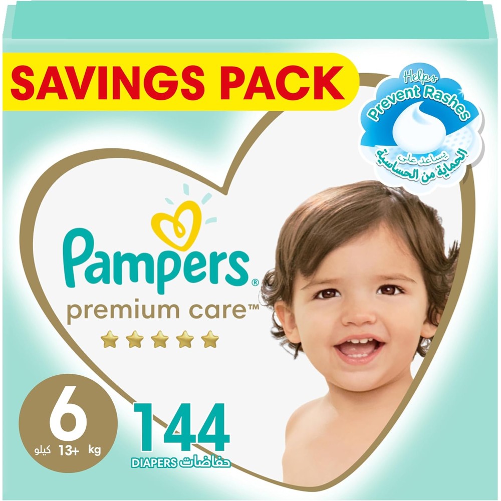 Pampers Premium Care Taped Baby Diapers, Size 6 (13+ kg), 144 Count – Ultimate Softness & Skin Protection