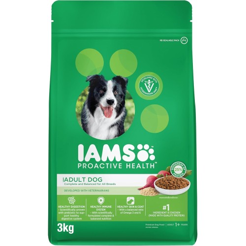 IAMS Proactive Health Adult Dry Dog Food with Chicken, 3Kg - Complete Nutrition for All Life Stages