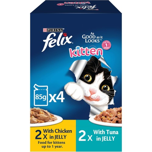 Felix Purina As Good As It Looks Kitten Cat Food in Jelly - 2x85g Chicken Pouches + 2x85g Tuna Pouches