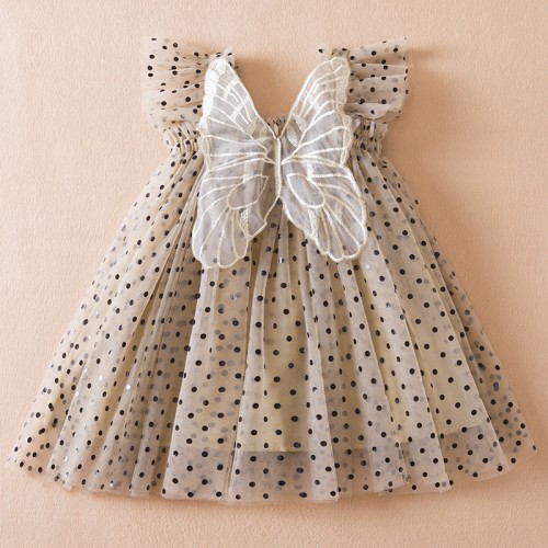 Girls' Flying Sleeve Bow Mesh Princess Black Dots Dress - 1-5 Years