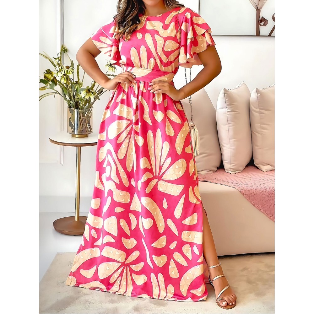 Women’s Summer Printed Ruffle Maxi Dress – Vintage Elegant O-Neck Half Sleeve