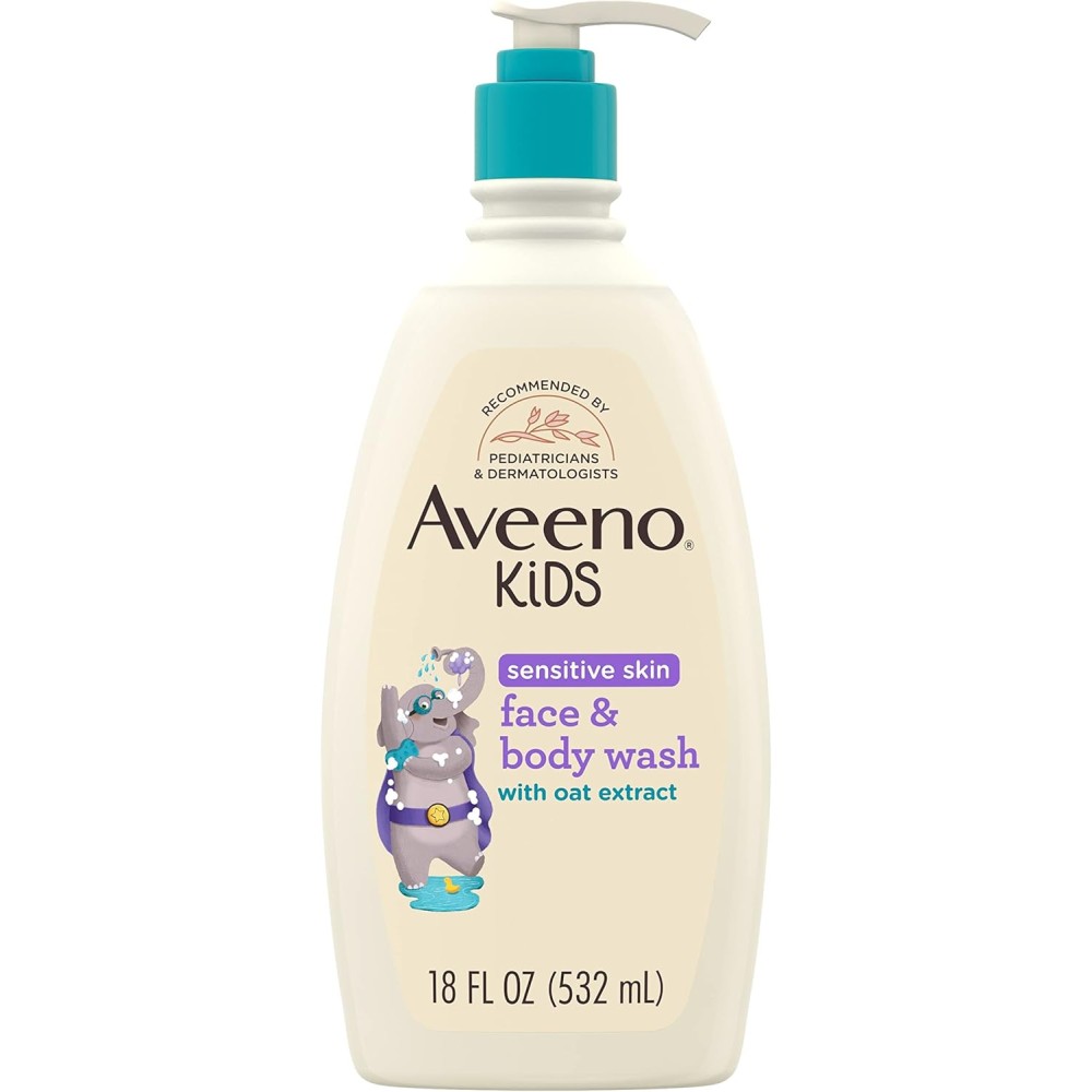 Aveeno Baby Kids Sensitive Skin Face & Body Wash with Oat Extract, Hypoallergenic & Tear-Free, 18 fl. oz