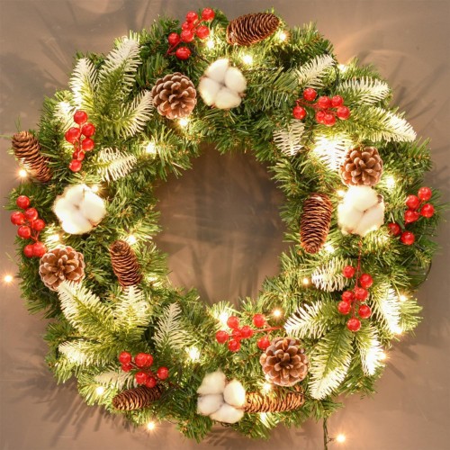 Seocsing Christmas Wreath with Pinecones, Red Berries & Warm Lights for Indoor/Outdoor Decor