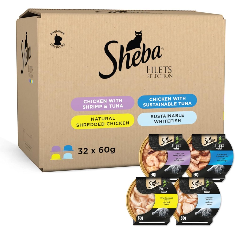 Sheba Cat Food Flavor Selection Filets, 32 x 60g, Chicken, Shrimp, Tuna & Fish