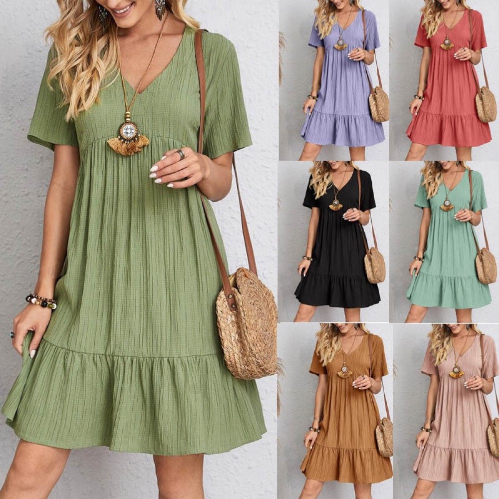 Summer 2024 Women's V Neck A-Line Casual Beach Dress – Solid Loose Fit