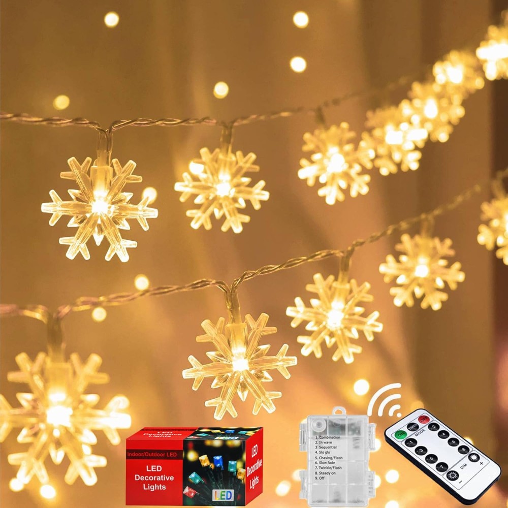 Tiokkss Christmas Snowflake Lights, 80 LED 10M String, Battery Operated, Waterproof - Warm White