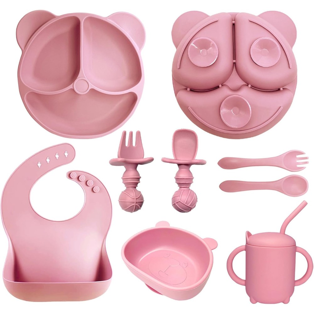 U-HOOME Silicone Baby Feeding Set | Toddler Weaning Dish Set (Pink)