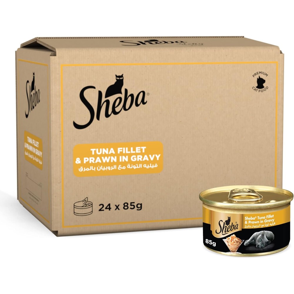 Sheba Tuna & Prawn Filets Cat Food, Grain-Free, 24x85g Cans for Sensitive Cats