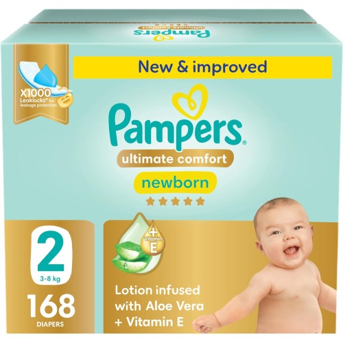 Pampers Ultimate Comfort Taped Diapers, Size 2 (3-8 kg), 168 Count – Gentle Aloe Vera & Vitamin E