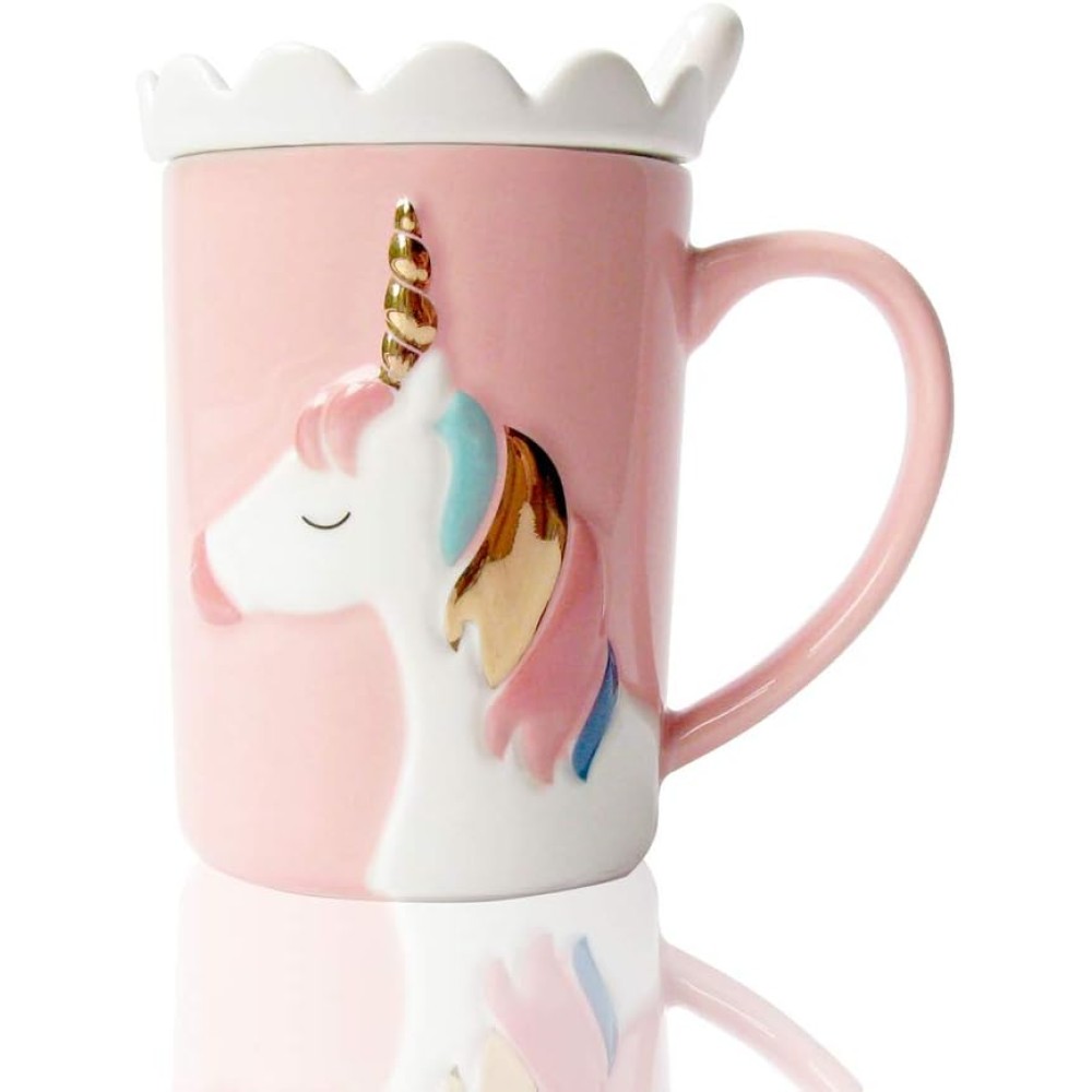 BigNoseDeer Cute Ceramic Unicorn Mug with Lace Lid & Spoon, 13oz Coffee Cup