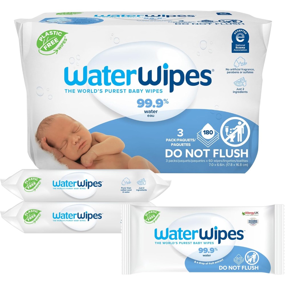 WaterWipes Original Baby Wipes - 3 Packs (180 Count), Unscented & Hypoallergenic for Sensitive Newborn Skin