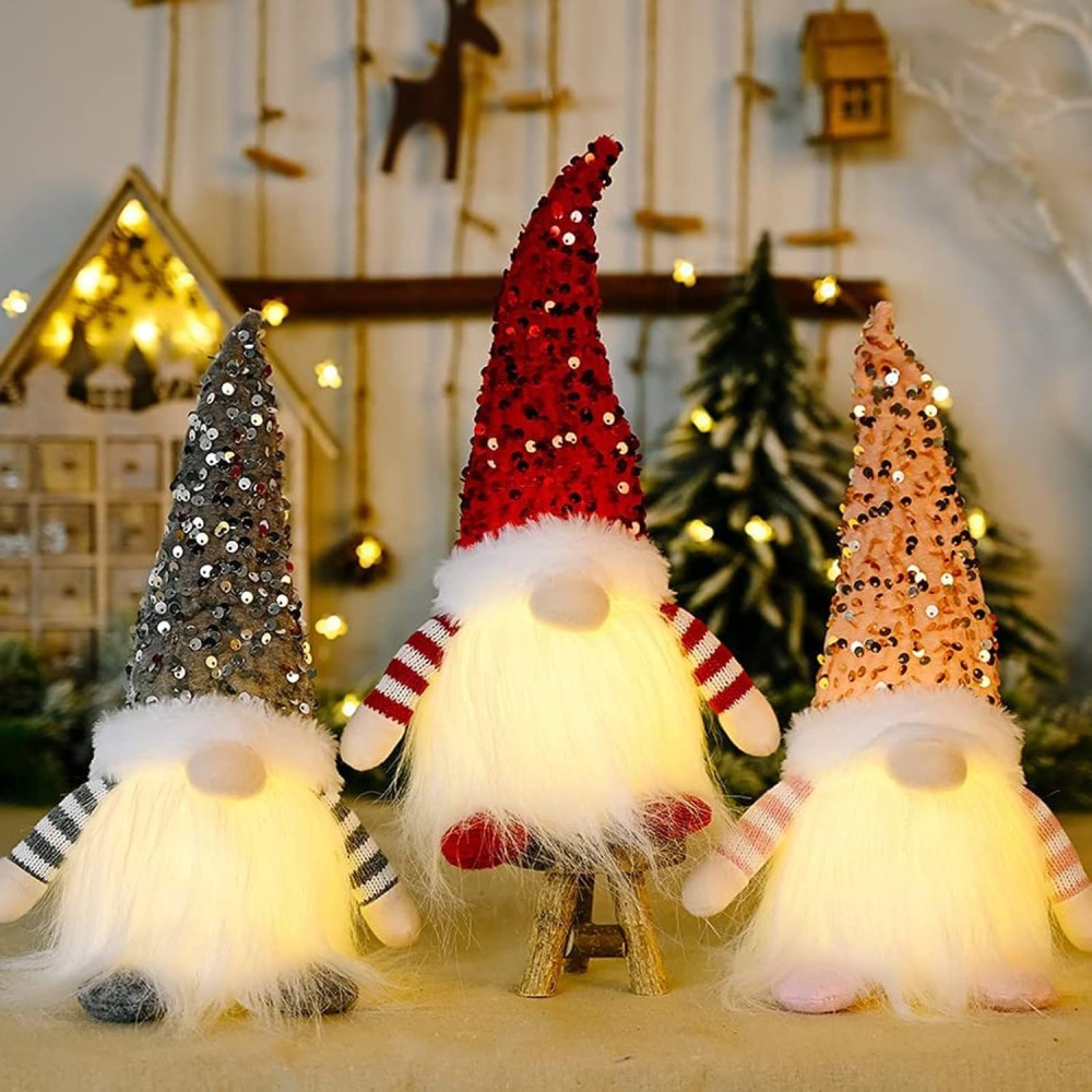 VUCATIN Christmas Decoration LED Gnome Light – Handmade Swedish Santa Gnome with Glitter Hat