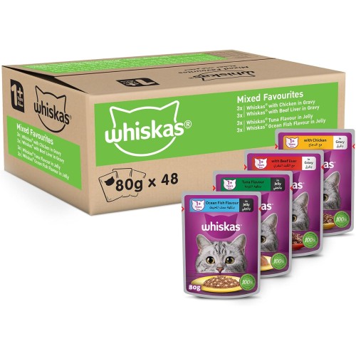 Whiskas Mixed Favorites Wet Cat Food Pack – 48x80g Pouches in Jelly & Gravy