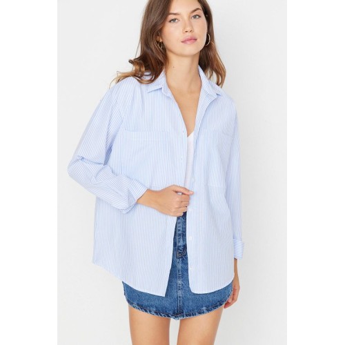 Trendyol Oversized Pink/Blue Striped Terrycotton Shirt – Smart Office Style