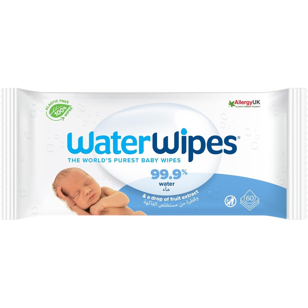 WaterWipes Baby Wipes Sensitive Newborn Biodegradable Unscented, 99.9% Water, 60 Wipes