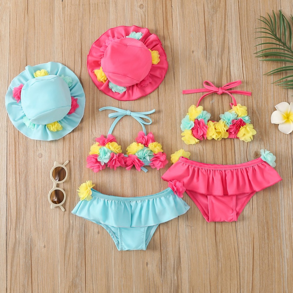 Baby Girl Flower Halter Swimsuit 3-Piece Bikini Set Summer Swimwear