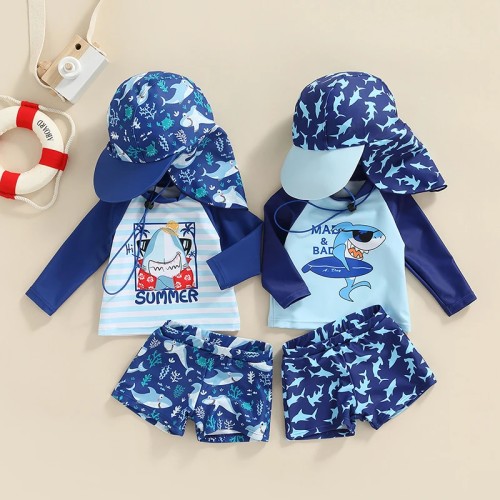 Toddler Boys UPF 50+ Shark Rash Guard Swim Set with Hat