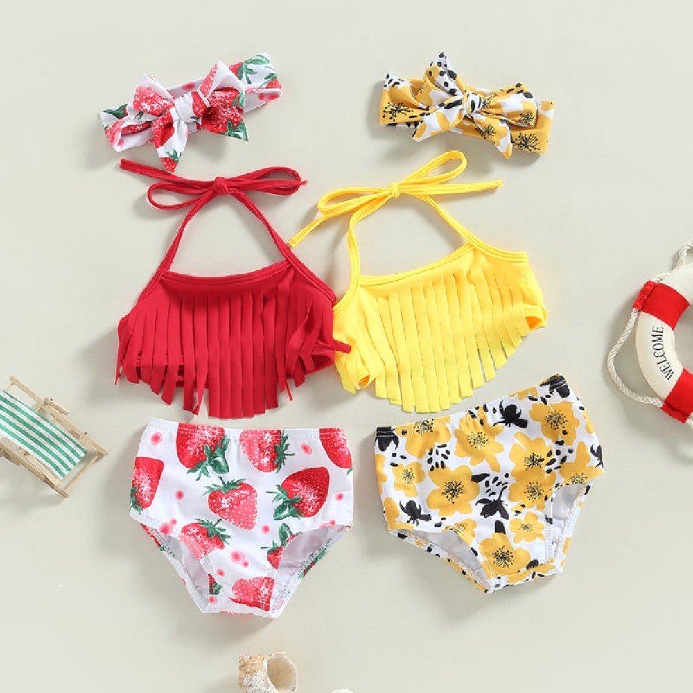 Strawberry Print 3-Piece Baby Girl Halter Bikini Set