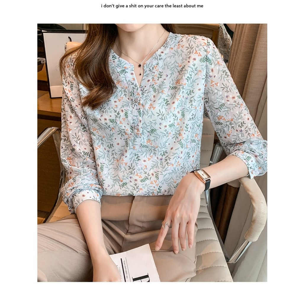 Elegant Floral Print V-Neck Women's Chiffon Blouse Long Sleeve Top