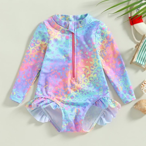 Baby Girl Long Sleeve Fish Scale Print Floral Swimsuit