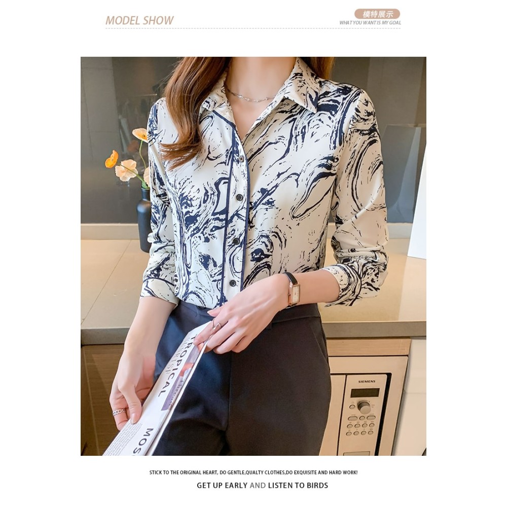 Women's Spring Autumn Long Sleeve Printed Button-Down Blouses