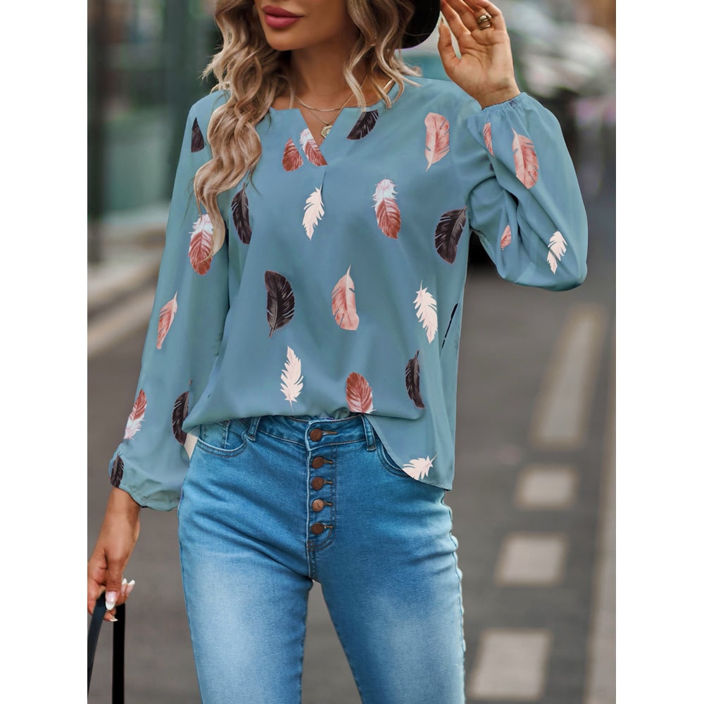 Elegant Feather Print Long Sleeve Chiffon Blouse for Women