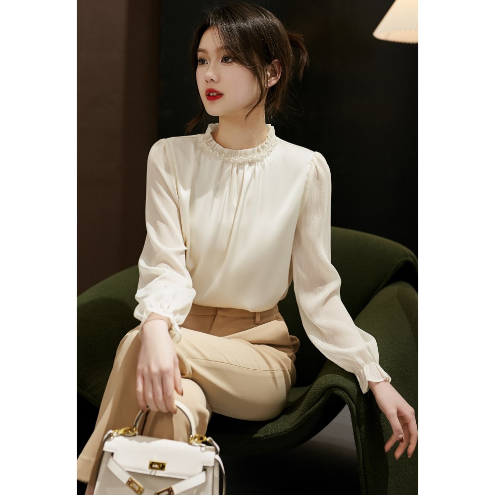 Women's Chiffon Long Sleeve Beaded Blouse Office Lady 2024