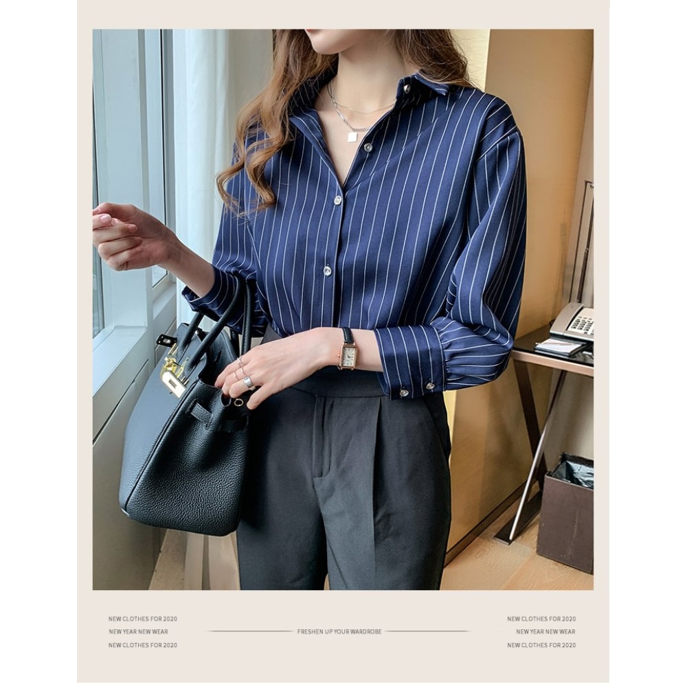 Striped Turn-Down Collar Office Chiffon Blouse for Women 2024