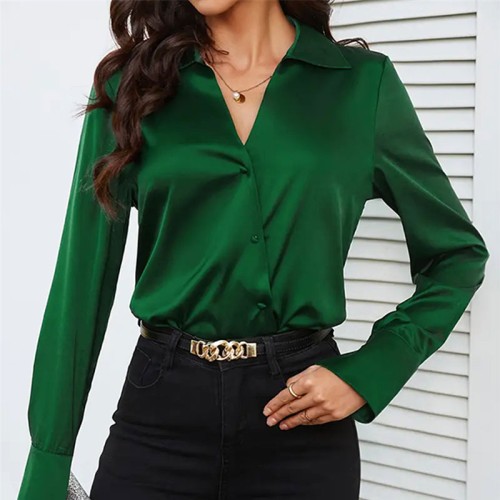 Elegant Satin Long-Sleeve Women's Slim Casual Office Shirt