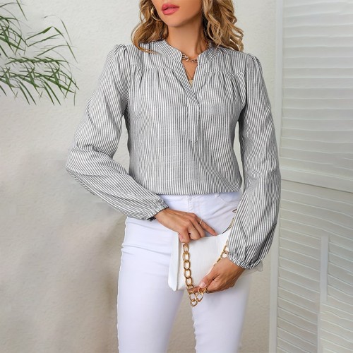 Women's Striped V-Neck Long-Sleeve Casual Shirt for Summer