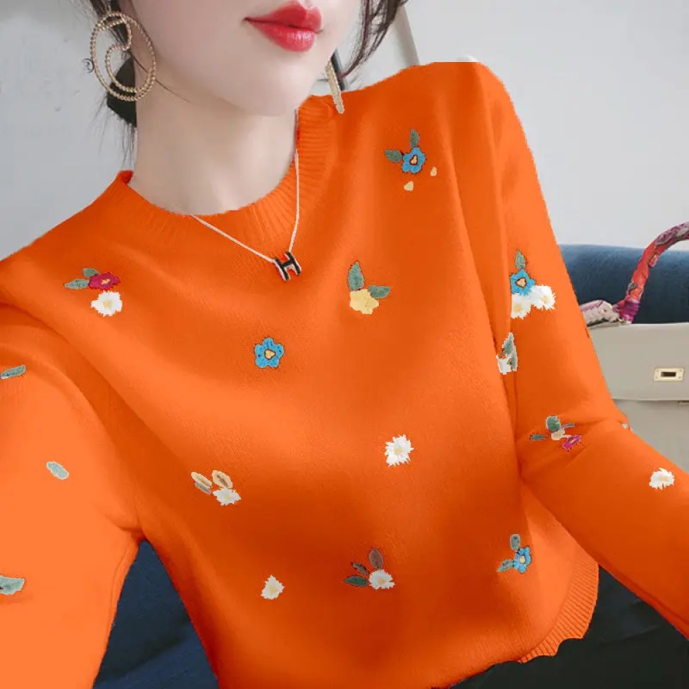 Elegant Daisy Embroidery Slim Fit Pullover Sweater