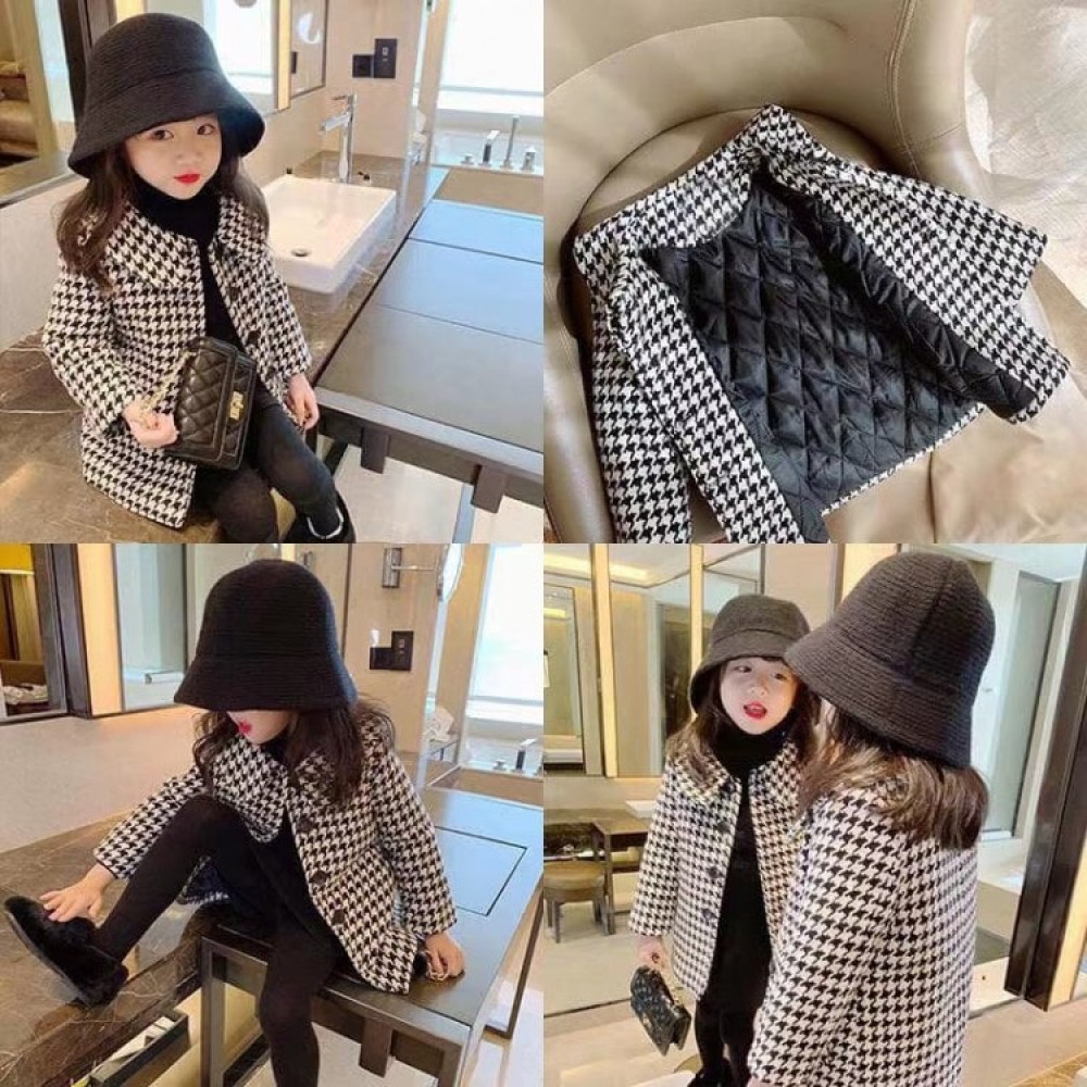 Baby Girl Woolen Plaid Jacket with Turn-Down Collar - Warm Tweed Coat for Winter, Autumn, and Spring