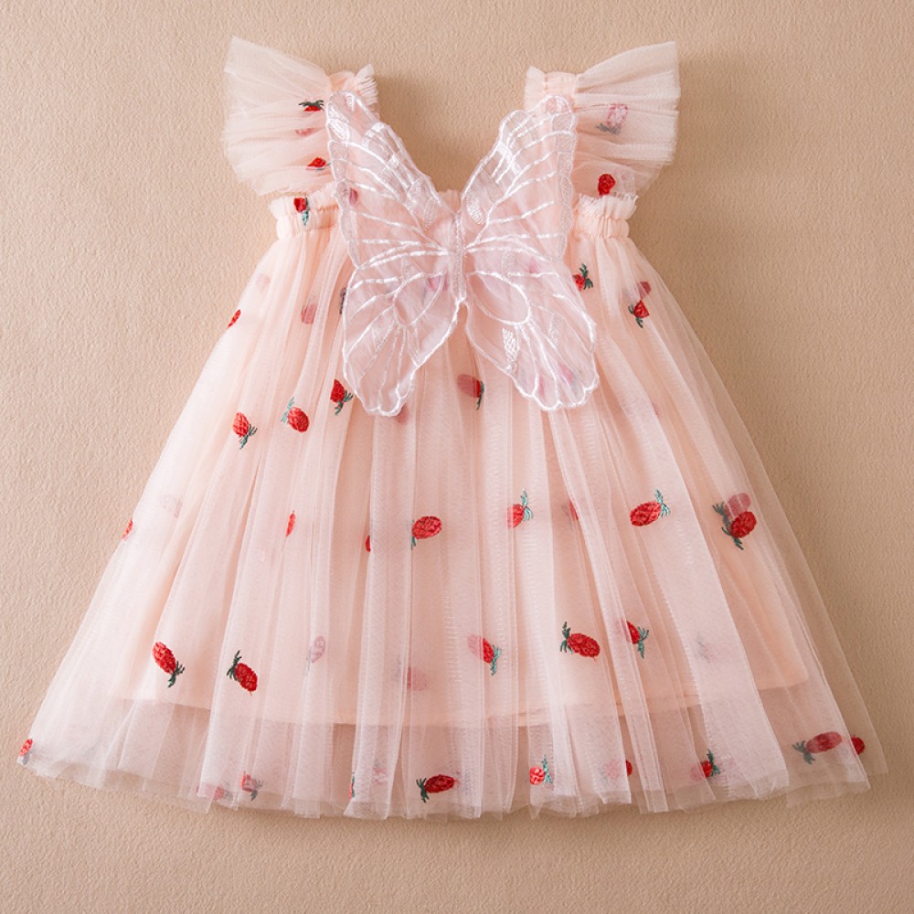 Girls' Strawberry Embroidery Mesh Dress with Bow - 1-5Yrs