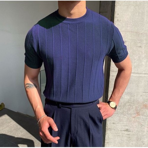 Navy Blue Men's Round Collar Slim Fit Knitted T-shirt with Striped Pattern