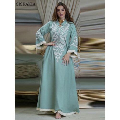 Muslim Abaya Dress - Embroidered Long Sleeve Kaftan Gown for Women, Moroccan Style