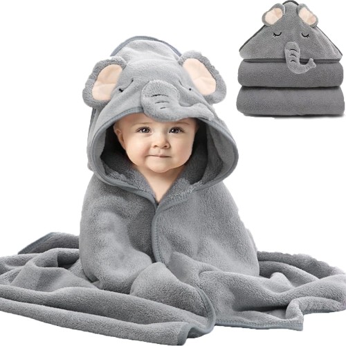 Baby Cotton Hooded Towel | Soft Bath Towel with Bear Ears & Elephant Design | Newborn Essentials for Boys & Girls