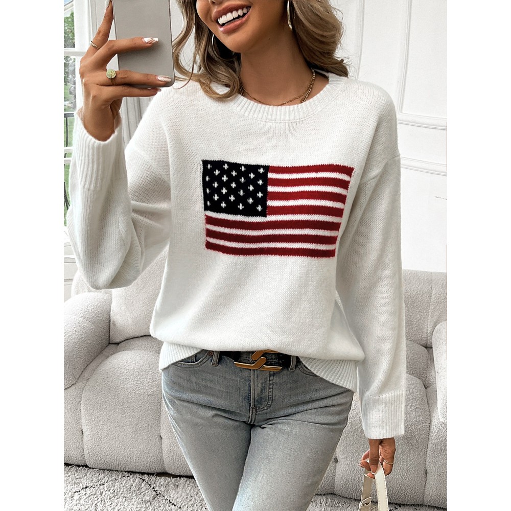 American Flag Long Sleeve Crew Neck Women’s Sweater – Casual Autumn/Winter Knit Pullove