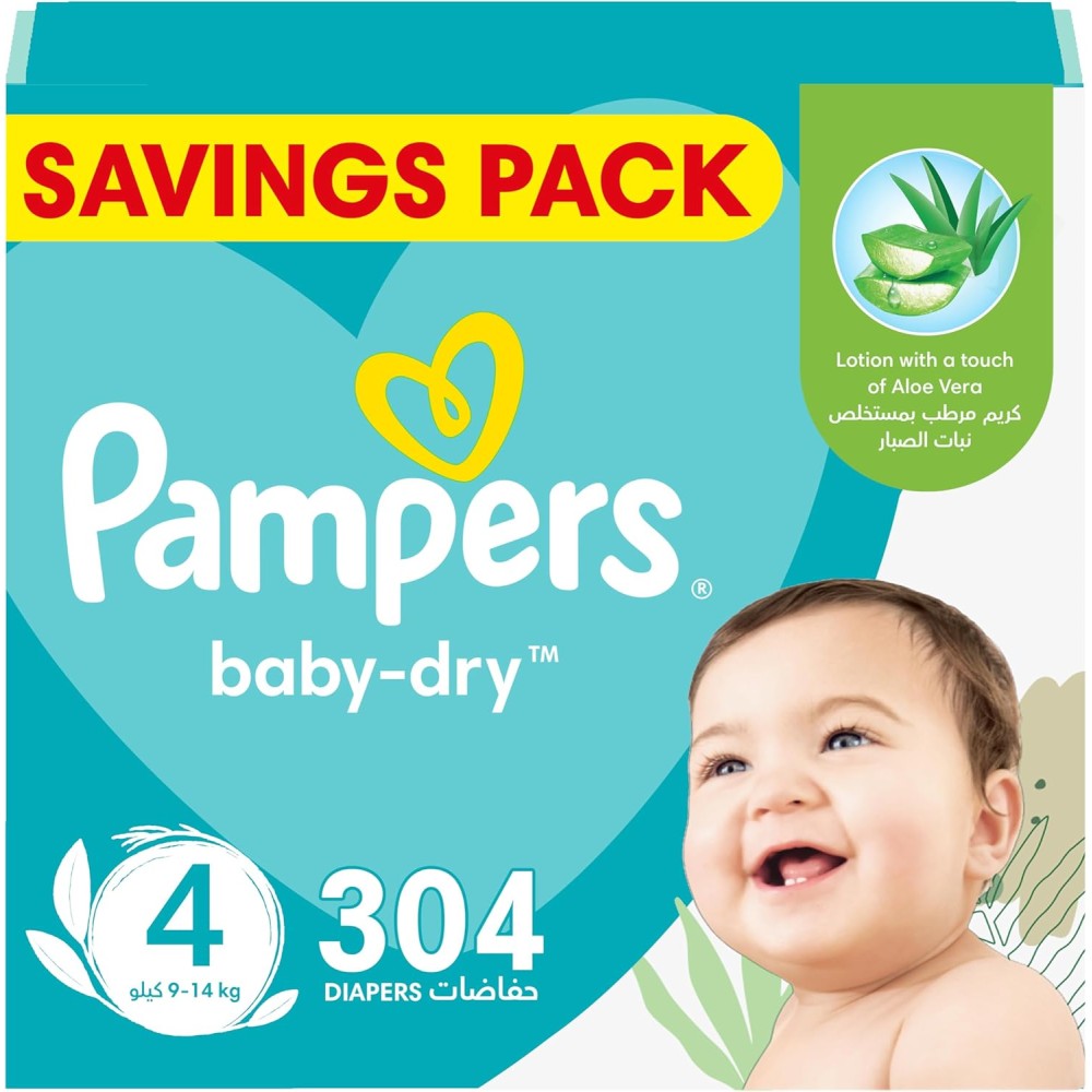 Pampers Baby-Dry Taped Diapers with Aloe Vera Lotion – Size 4, 9-14kg, 304 Count, Up to 100% Leakage Protection