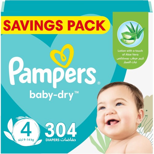 Pampers Baby-Dry Taped Diapers with Aloe Vera Lotion – Size 4, 9-14kg, 304 Count, Up to 100% Leakage Protection